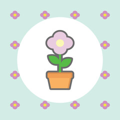 Description:

Cute flat vector illustration of a flower in a pot centered on a pastel patterned background