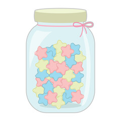 A glass jar filled with pastel pink, blue, and yellow paper stars has a light yellow lid and a pink ribbon. The background is white