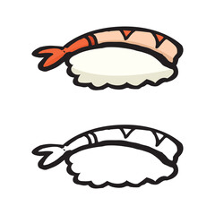 Two cartoon shrimp nigiri sushi illustrations on a white background: one colored, one outlined
