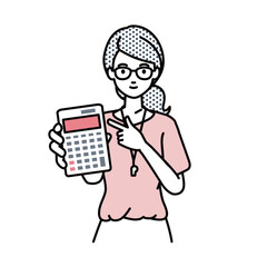 立って電卓を指差してこちらに向けて見せている教師の女性