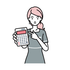 立って電卓を指差してこちらに向けて見せているエステ店員・受付・接客係の女性