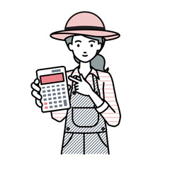 立って電卓を指差してこちらに向けて見せている農家の女性