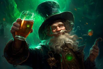 A magical leprechaun holds a glass of beer. Generative AI 