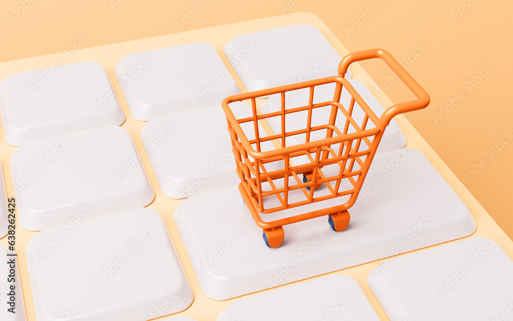 Poster shopping cart and keyboard, 3d rendering.