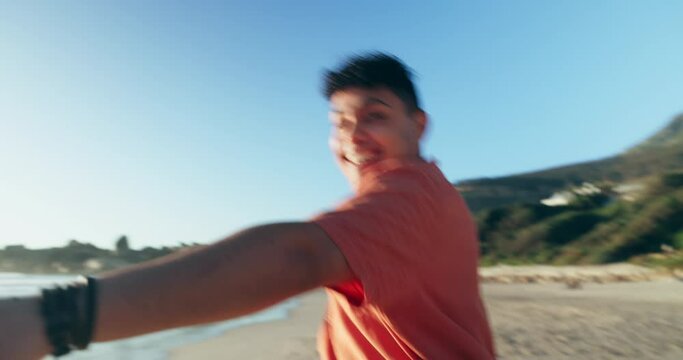 Beach, couple holding hands and excited man running, smile and walk on fun adventure, outdoor freedom and anniversary. Tropical journey, happiness and romantic people travel, support and lead partner
