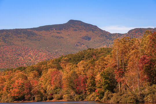 View of Grandfather mountain in Grandfather Mountain State park in fall season, during the day.