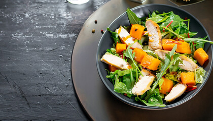 Chicken salad with pumpkin and arugula at black.