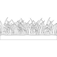 The image is a black and white line drawing of grass. Several blades of grass with pointed tips are depicted growing from a strip of ground. The background is white