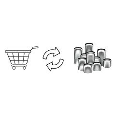 The vector shows an empty shopping cart on the left, a circular exchange symbol in the middle, and stacks of coins on the right, representing the transaction of buying goods with money