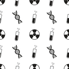 Seamless or Repeating vector pattern: radiation, DNA, bubbling test tube, and skull and crossbones on a white background