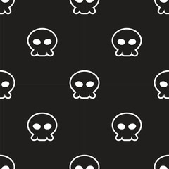  a repeating pattern of white cartoonish skull icons on a black background. The skulls have large, round eye sockets and a simple, curved jawline