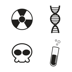 Four black and white vector icons: radiation symbol, DNA helix, skull and crossbones, and a test tube with bubbles
