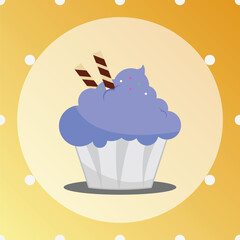 A blue cupcake with sprinkles and wafer sticks is shown on a light yellow background with white polka dots