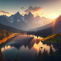 Sunrise at Moraine Lake in the Valley of the Ten Peaks. 
Generative AI