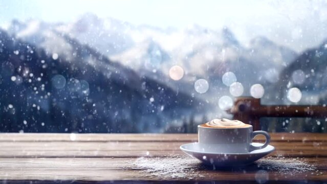 a cup expresso and beans on wooden table with snowed mount background video promotion template