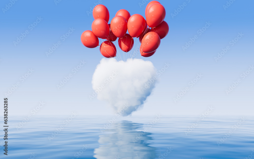 Poster heart shape soft cloud with water surface, 3d rendering.