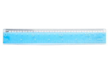Blue plastic ruler on white background