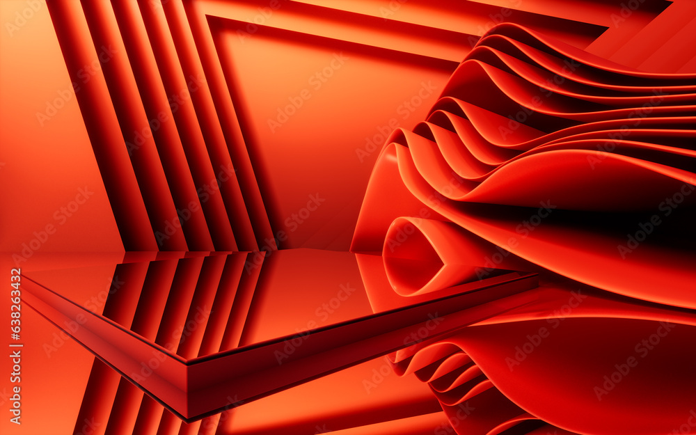 Poster abstract red curve stage background, 3d rendering.