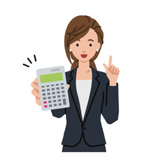 a woman in business suit style recommending, proposing, showing estimates and pointing a calculator with a smile
