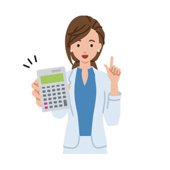 a woman in work jacket style recommending, proposing, showing estimates and pointing a calculator with a smile