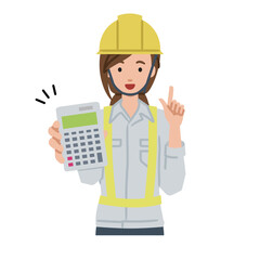 a woman working at construction sites recommending, proposing, showing estimates and pointing a calculator with a smile