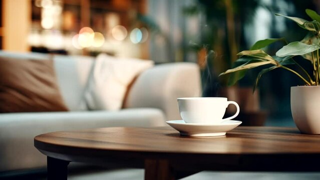 cup of coffee on the table at luxury living room white theme video background