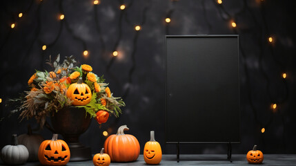 Halloween welcome signboard mockup with pumpkins and flowers. Blackboard with autumn holiday decoration