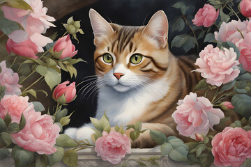 Passarinho brincando com Gato, rosas e peônias, arte inspirada em Margaret Mee, Watercolor, trending on artstation, sharp focus, studio photo, intricate details, highly detailed, ,generative ai