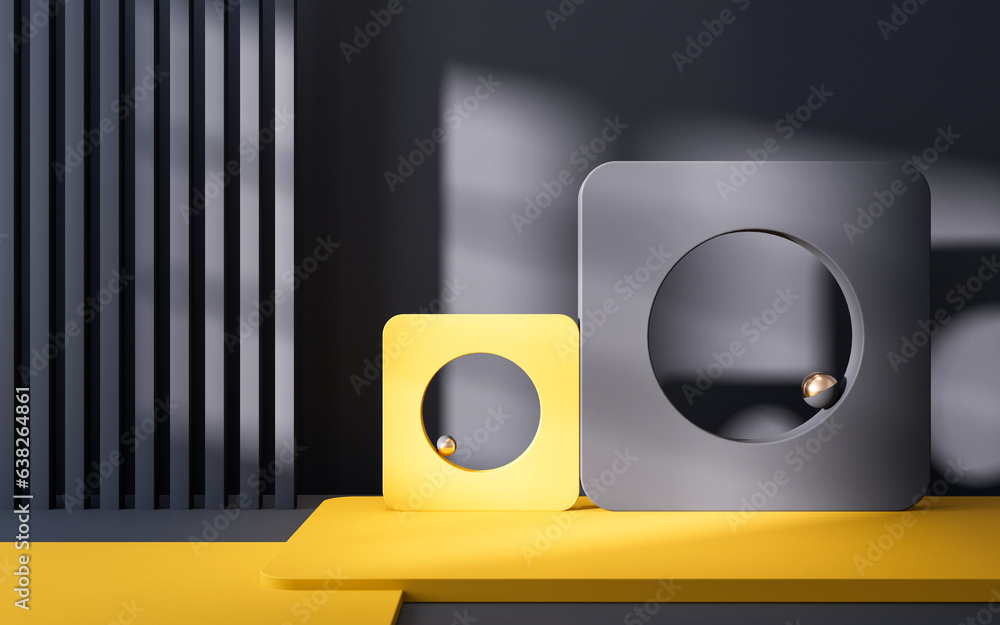 Poster empty room with geometry shapes, 3d rendering.