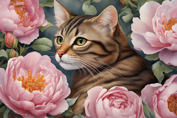 Passarinho brincando com Gato, rosas e peônias, arte inspirada em Margaret Mee, Watercolor, trending on artstation, sharp focus, studio photo, intricate details, highly detailed, ,generative ai