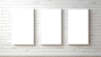 Photo frame 3d Mockup template transparent cutout on white brick wall, PNG file. Copy text space. generative Ai.
