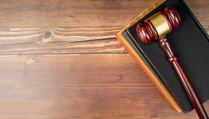 Law theme, lawyer's desk. Judge gavel on legal books, wooden background, copy space, top view