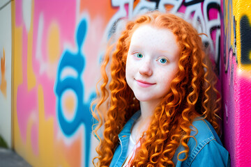 portrait of 18 Year Girl with long ginger wavy hair standing in front of a wall with graffiti,...