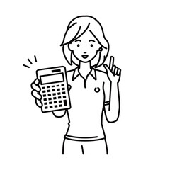 a woman in polo shirt recommending, proposing, showing estimates and pointing a calculator with a smile