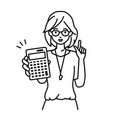 a woman teacher recommending, proposing, showing estimates and pointing a calculator with a smile