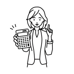 a woman in work jacket style recommending, proposing, showing estimates and pointing a calculator with a smile