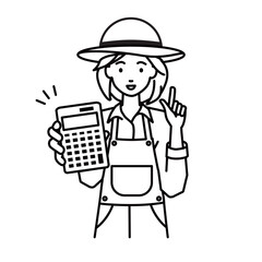 a farmer woman recommending, proposing, showing estimates and pointing a calculator with a smile