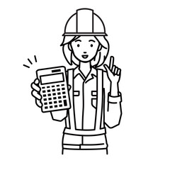 a woman working at construction sites recommending, proposing, showing estimates and pointing a calculator with a smile