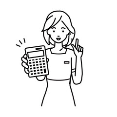 an esthetician, receptionist woman recommending, proposing, showing estimates and pointing a calculator with a smile