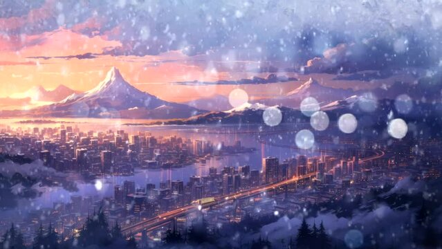 snow falls on sunset at city landscape, mountain, building, winter season 