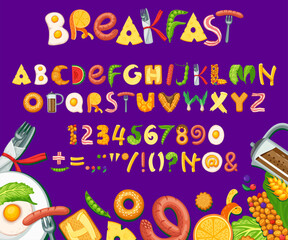 Cartoon breakfast food font, healthy type, lunch typeface, appetizing english alphabet. Vector typography abc with letters and numbers of bacon, eggs and toasts, croissants, sausages and fresh fruits