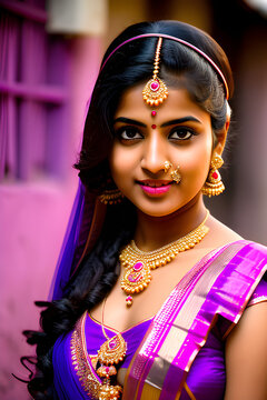 Teenage Girl Of The North Indian Dress Is A Low Cat Pink And Purple Looking The Camera