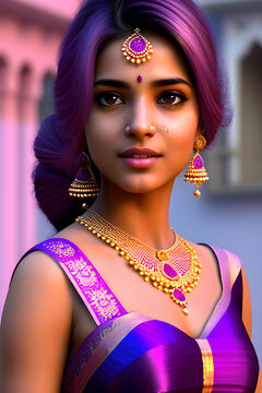 Teenage Girl Of The North Indian Dress Is A Low Cat Pink And Purple Looking The Camera