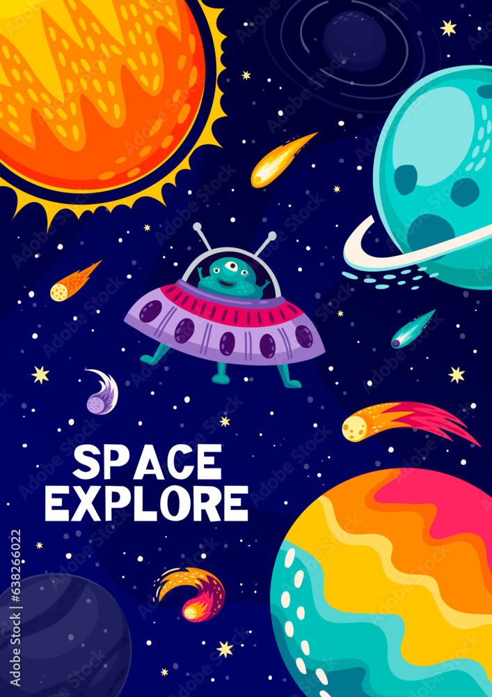Poster cartoon space landscape poster with ufo, alien and planets in galaxy sky, vector background. outer s