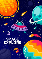 Cartoon space landscape poster with UFO, alien and planets in galaxy sky, vector background. Outer space exploration and galactic adventure poster with cosmic world planets and alien martian in UFO