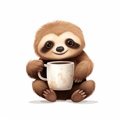 Cute sloth illustration with coffee cup.