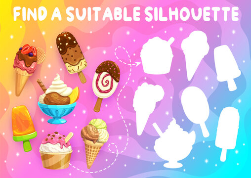 Find a suitable silhouette of cartoon ice cream gelato, sundae and fruit juice ice pop, vector puzzle game. Ice cream chocolate stick and vanilla cone on shadow match worksheet game for kids