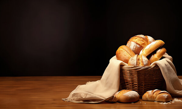 bread in basket on black background. various kinds of bread in basket on a black background.copy space.copy text.for Advertising design.landscape.