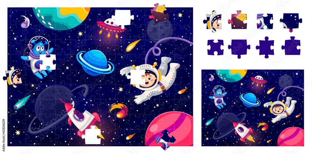 Poster Jigsaw puzzle game pieces. Astronaut and alien in outer space. Form match vector riddle worksheet with alien and kid spaceman cute characters, rocket and UFO saucer spaceship, planet in starry galaxy