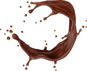 Realistic chocolate swirl, whirlwind and splash with splatters, vector 3d cocoa milk beverage and choco dessert food. Hot chocolate, milk shake, sauce or melted choco candy wave with dark brown drops